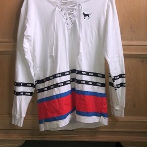White long sleeve with red and blue stripes